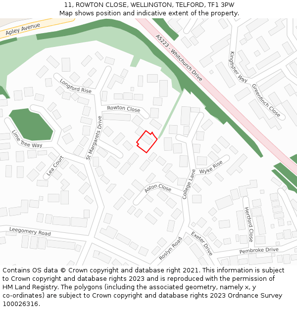 11, ROWTON CLOSE, WELLINGTON, TELFORD, TF1 3PW: Location map and indicative extent of plot