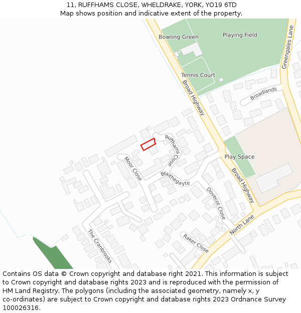 11, RUFFHAMS CLOSE, WHELDRAKE, YORK, YO19 6TD: Location map and indicative extent of plot
