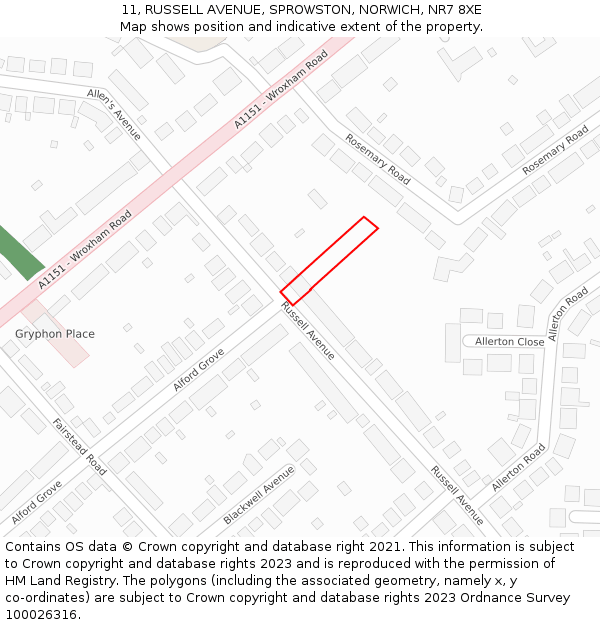 11, RUSSELL AVENUE, SPROWSTON, NORWICH, NR7 8XE: Location map and indicative extent of plot