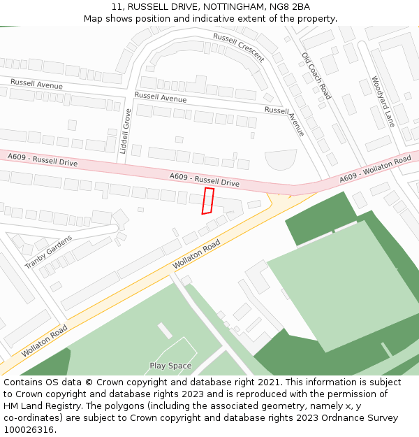 11, RUSSELL DRIVE, NOTTINGHAM, NG8 2BA: Location map and indicative extent of plot