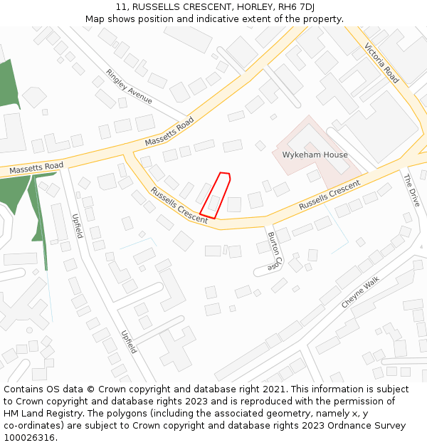 11, RUSSELLS CRESCENT, HORLEY, RH6 7DJ: Location map and indicative extent of plot