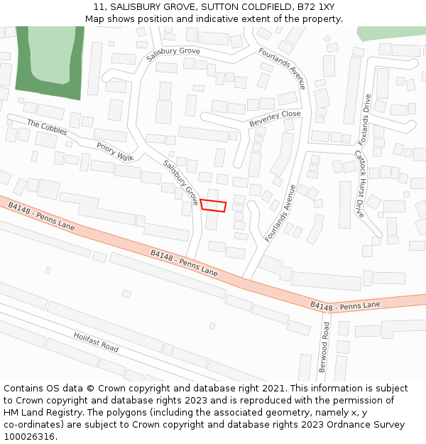 11, SALISBURY GROVE, SUTTON COLDFIELD, B72 1XY: Location map and indicative extent of plot