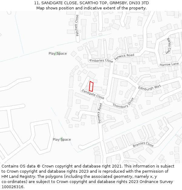 11, SANDGATE CLOSE, SCARTHO TOP, GRIMSBY, DN33 3TD: Location map and indicative extent of plot