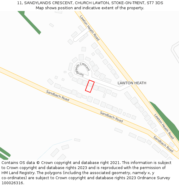11, SANDYLANDS CRESCENT, CHURCH LAWTON, STOKE-ON-TRENT, ST7 3DS: Location map and indicative extent of plot