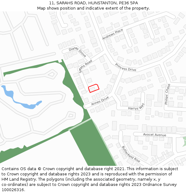 11, SARAHS ROAD, HUNSTANTON, PE36 5PA: Location map and indicative extent of plot