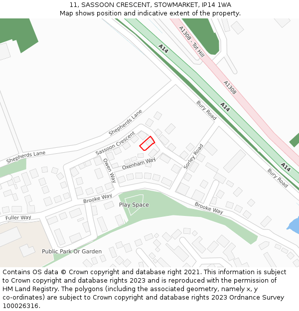 11, SASSOON CRESCENT, STOWMARKET, IP14 1WA: Location map and indicative extent of plot