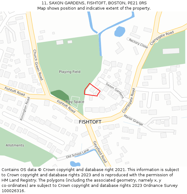 11, SAXON GARDENS, FISHTOFT, BOSTON, PE21 0RS: Location map and indicative extent of plot
