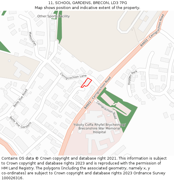 11, SCHOOL GARDENS, BRECON, LD3 7PG: Location map and indicative extent of plot