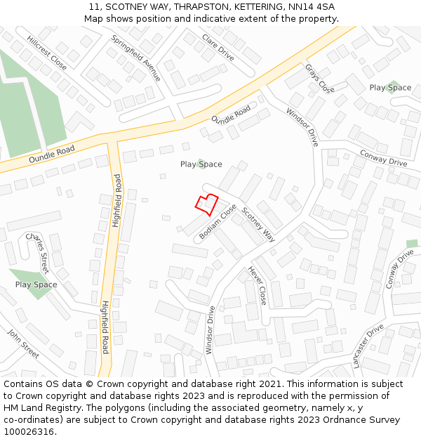 11, SCOTNEY WAY, THRAPSTON, KETTERING, NN14 4SA: Location map and indicative extent of plot