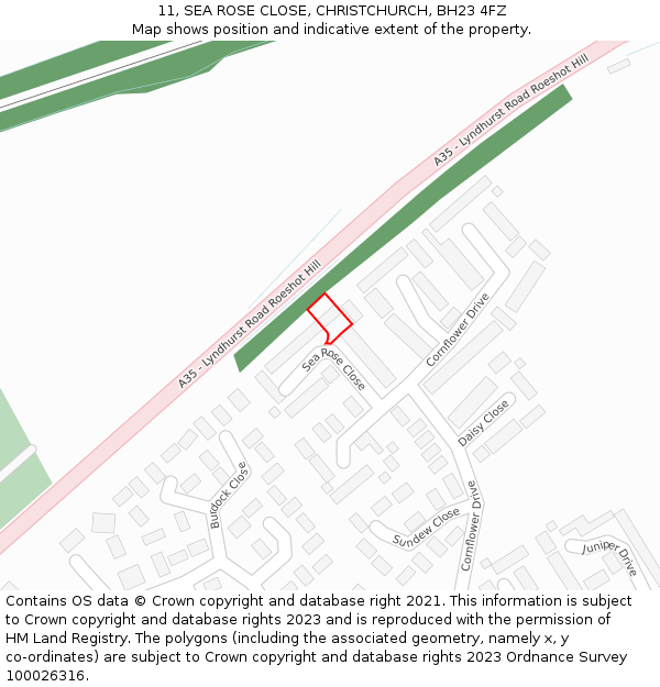 11, SEA ROSE CLOSE, CHRISTCHURCH, BH23 4FZ: Location map and indicative extent of plot