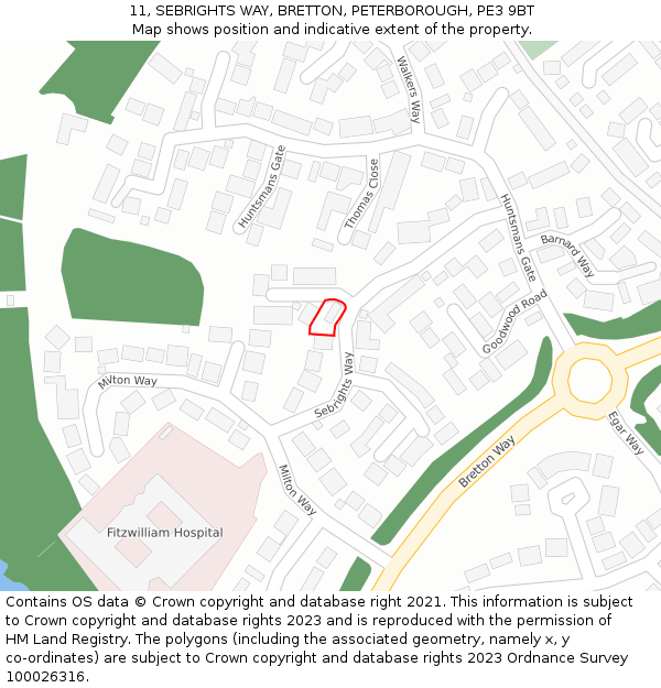 11, SEBRIGHTS WAY, BRETTON, PETERBOROUGH, PE3 9BT: Location map and indicative extent of plot