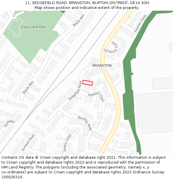 11, SEDGEFIELD ROAD, BRANSTON, BURTON-ON-TRENT, DE14 3GN: Location map and indicative extent of plot