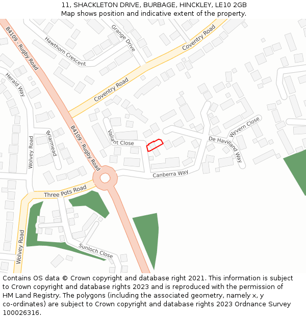 11, SHACKLETON DRIVE, BURBAGE, HINCKLEY, LE10 2GB: Location map and indicative extent of plot
