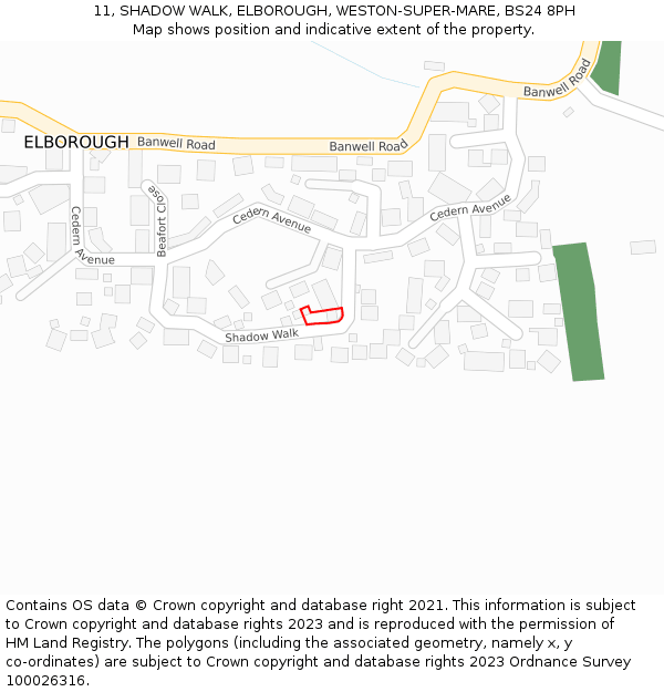 11, SHADOW WALK, ELBOROUGH, WESTON-SUPER-MARE, BS24 8PH: Location map and indicative extent of plot