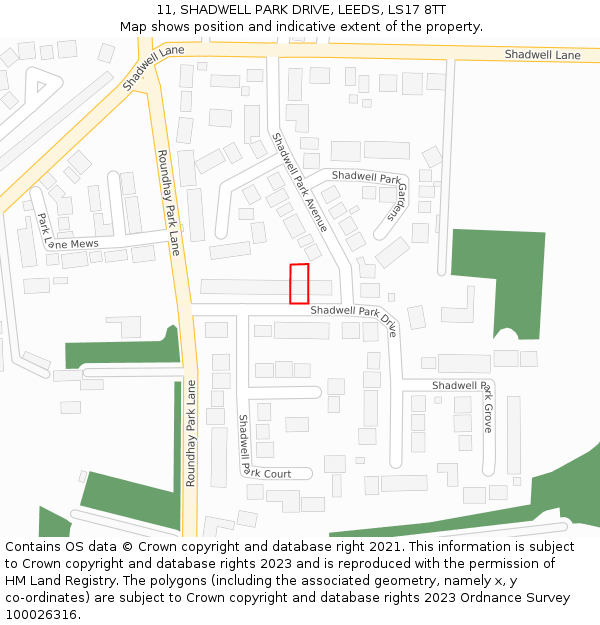 11, SHADWELL PARK DRIVE, LEEDS, LS17 8TT: Location map and indicative extent of plot