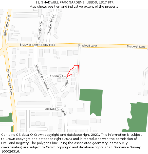 11, SHADWELL PARK GARDENS, LEEDS, LS17 8TR: Location map and indicative extent of plot