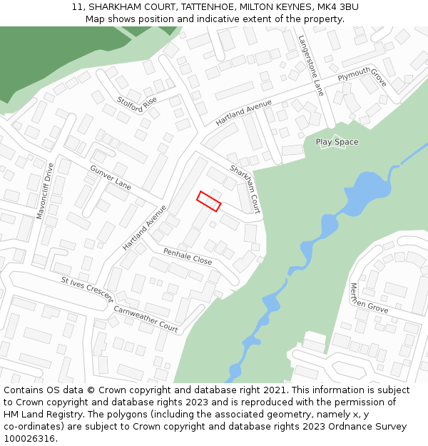 11, SHARKHAM COURT, TATTENHOE, MILTON KEYNES, MK4 3BU: Location map and indicative extent of plot