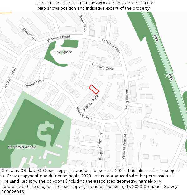 11, SHELLEY CLOSE, LITTLE HAYWOOD, STAFFORD, ST18 0JZ: Location map and indicative extent of plot