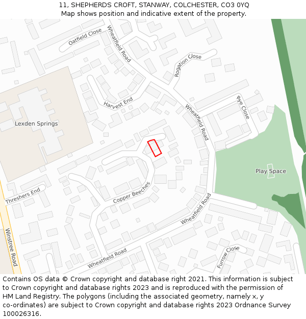 11, SHEPHERDS CROFT, STANWAY, COLCHESTER, CO3 0YQ: Location map and indicative extent of plot
