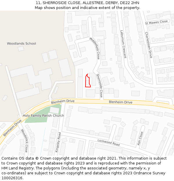 11, SHERROSIDE CLOSE, ALLESTREE, DERBY, DE22 2HN: Location map and indicative extent of plot