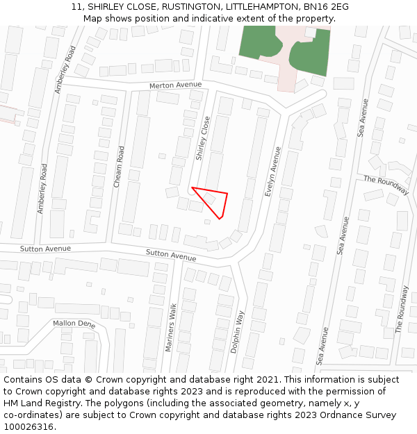 11, SHIRLEY CLOSE, RUSTINGTON, LITTLEHAMPTON, BN16 2EG: Location map and indicative extent of plot