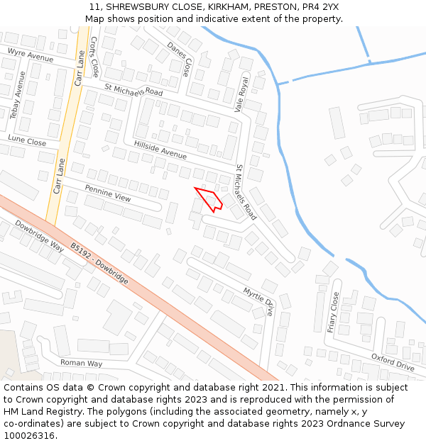 11, SHREWSBURY CLOSE, KIRKHAM, PRESTON, PR4 2YX: Location map and indicative extent of plot