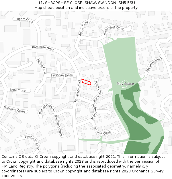 11, SHROPSHIRE CLOSE, SHAW, SWINDON, SN5 5SU: Location map and indicative extent of plot