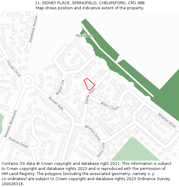 11, SIDNEY PLACE, SPRINGFIELD, CHELMSFORD, CM1 6BE: Location map and indicative extent of plot