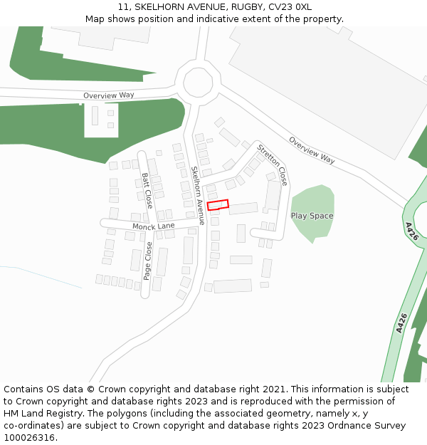 11, SKELHORN AVENUE, RUGBY, CV23 0XL: Location map and indicative extent of plot