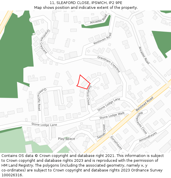 11, SLEAFORD CLOSE, IPSWICH, IP2 9PE: Location map and indicative extent of plot