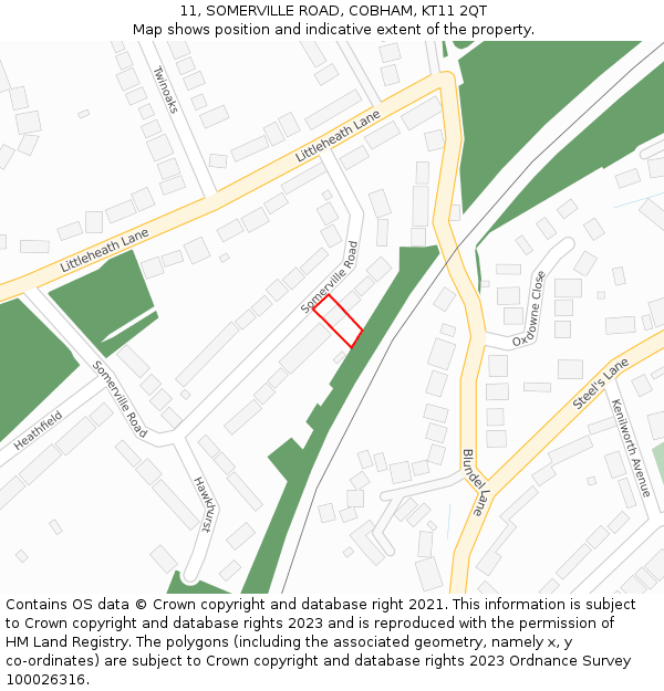 11, SOMERVILLE ROAD, COBHAM, KT11 2QT: Location map and indicative extent of plot