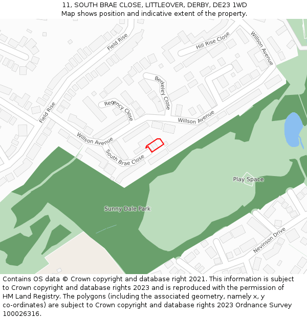 11, SOUTH BRAE CLOSE, LITTLEOVER, DERBY, DE23 1WD: Location map and indicative extent of plot