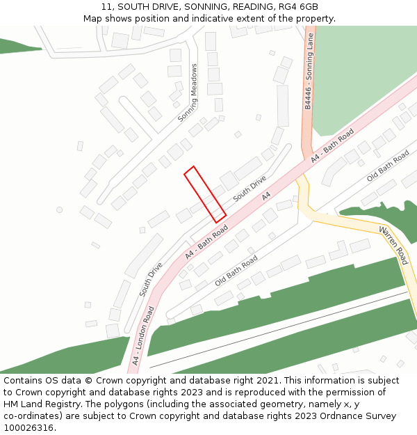 11, SOUTH DRIVE, SONNING, READING, RG4 6GB: Location map and indicative extent of plot
