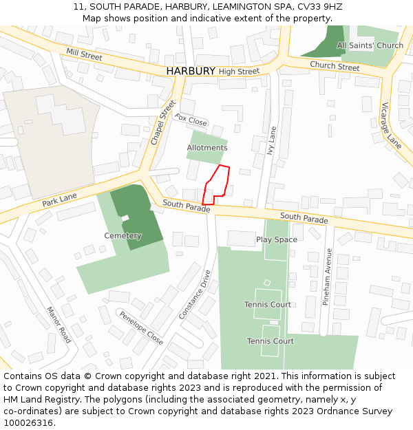 11, SOUTH PARADE, HARBURY, LEAMINGTON SPA, CV33 9HZ: Location map and indicative extent of plot