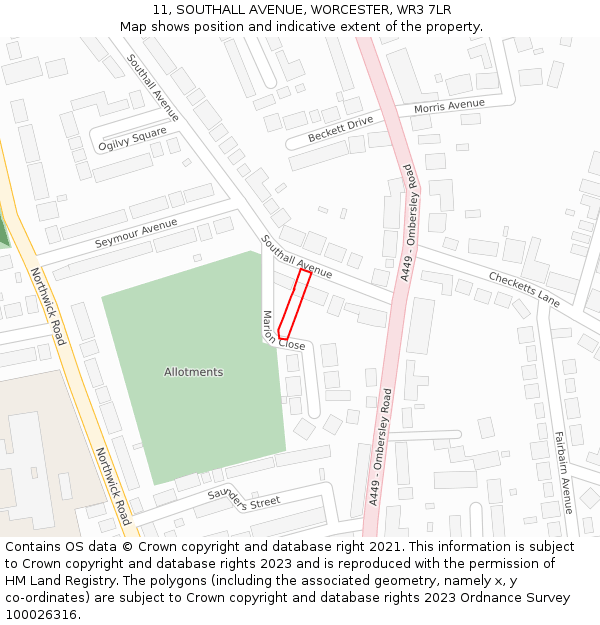 11, SOUTHALL AVENUE, WORCESTER, WR3 7LR: Location map and indicative extent of plot
