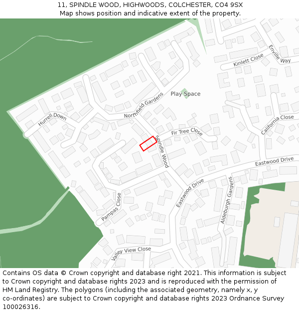 11, SPINDLE WOOD, HIGHWOODS, COLCHESTER, CO4 9SX: Location map and indicative extent of plot