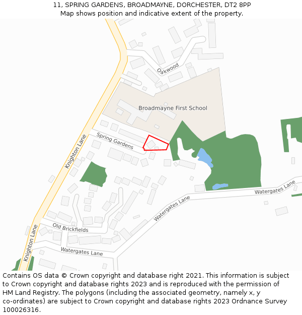 11, SPRING GARDENS, BROADMAYNE, DORCHESTER, DT2 8PP: Location map and indicative extent of plot