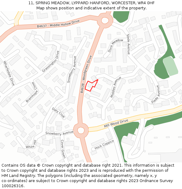 11, SPRING MEADOW, LYPPARD HANFORD, WORCESTER, WR4 0HF: Location map and indicative extent of plot