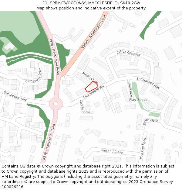 11, SPRINGWOOD WAY, MACCLESFIELD, SK10 2GW: Location map and indicative extent of plot