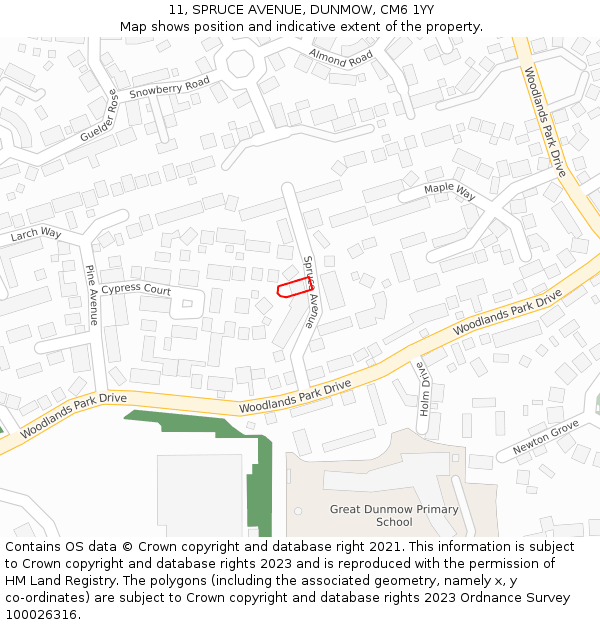 11, SPRUCE AVENUE, DUNMOW, CM6 1YY: Location map and indicative extent of plot
