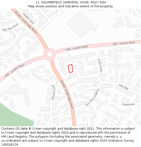 11, SQUAREFIELD GARDENS, HOOK, RG27 9QH: Location map and indicative extent of plot