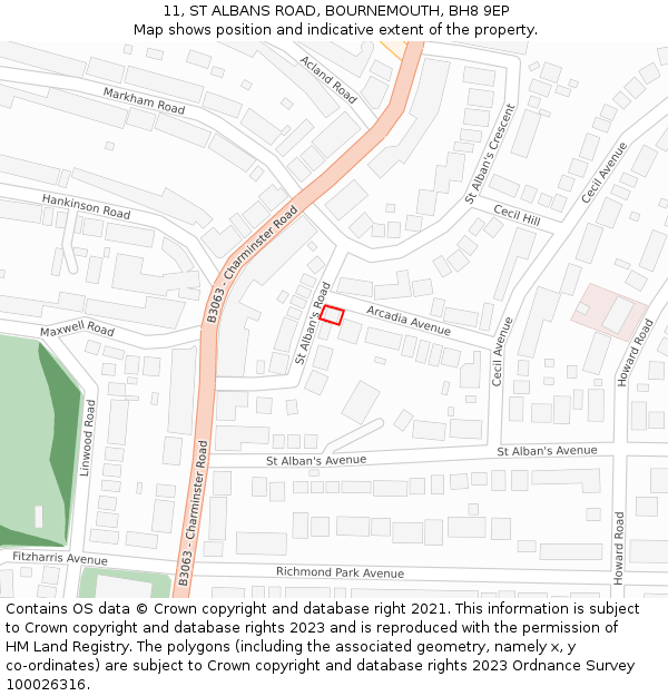 11, ST ALBANS ROAD, BOURNEMOUTH, BH8 9EP: Location map and indicative extent of plot