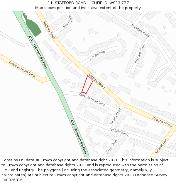 11, STAFFORD ROAD, LICHFIELD, WS13 7BZ: Location map and indicative extent of plot