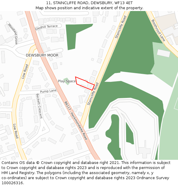 11, STAINCLIFFE ROAD, DEWSBURY, WF13 4ET: Location map and indicative extent of plot