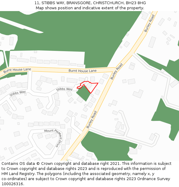11, STIBBS WAY, BRANSGORE, CHRISTCHURCH, BH23 8HG: Location map and indicative extent of plot