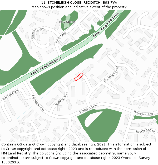 11, STONELEIGH CLOSE, REDDITCH, B98 7YW: Location map and indicative extent of plot