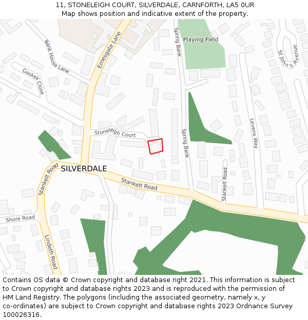 11, STONELEIGH COURT, SILVERDALE, CARNFORTH, LA5 0UR: Location map and indicative extent of plot