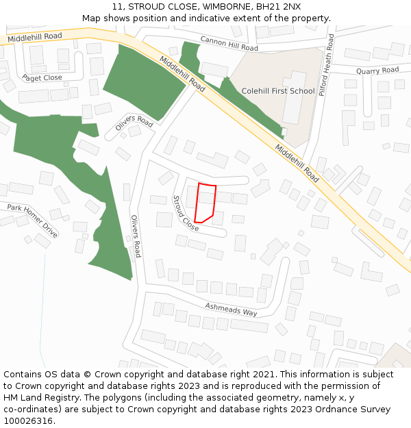 11, STROUD CLOSE, WIMBORNE, BH21 2NX: Location map and indicative extent of plot