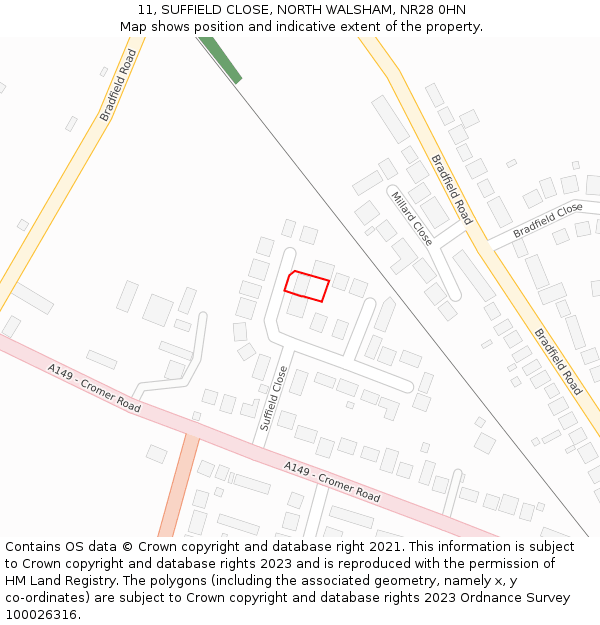 11, SUFFIELD CLOSE, NORTH WALSHAM, NR28 0HN: Location map and indicative extent of plot