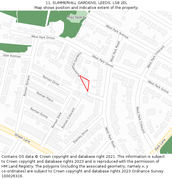 11, SUMMERHILL GARDENS, LEEDS, LS8 2EL: Location map and indicative extent of plot